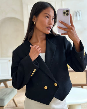 Celine Black Double Breasted Cropped Wool Jacket with Gold Triomphe Logo Button Detail Size FR 34 (UK 6)