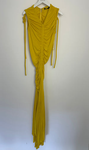 Proenza Schouler Yellow Maxi Dress with Long Shoulder Drawstring Asymmetric Details Size US 4 (UK 8)