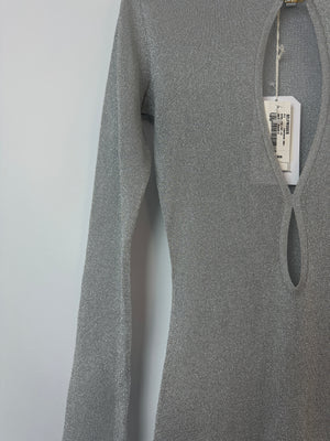Casablanca Silver Metallic Sheer Long Sleeve Maxi Dress with Split and Gold Logo Detail Size S (UK 8)RRP 675£