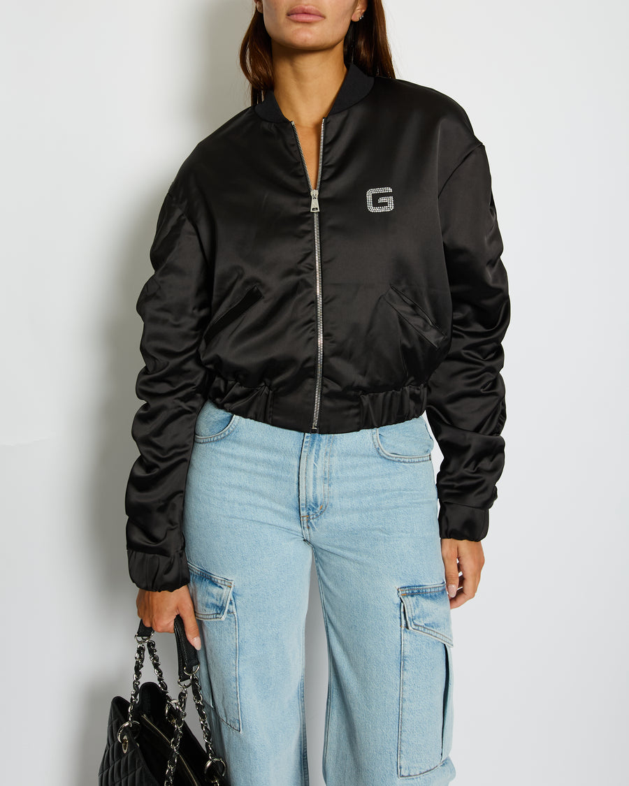 Gaëlle Paris Black Bomber Jacket with Raunched Sleeves and Crystal G Detail Size IT 42 (UK 10)