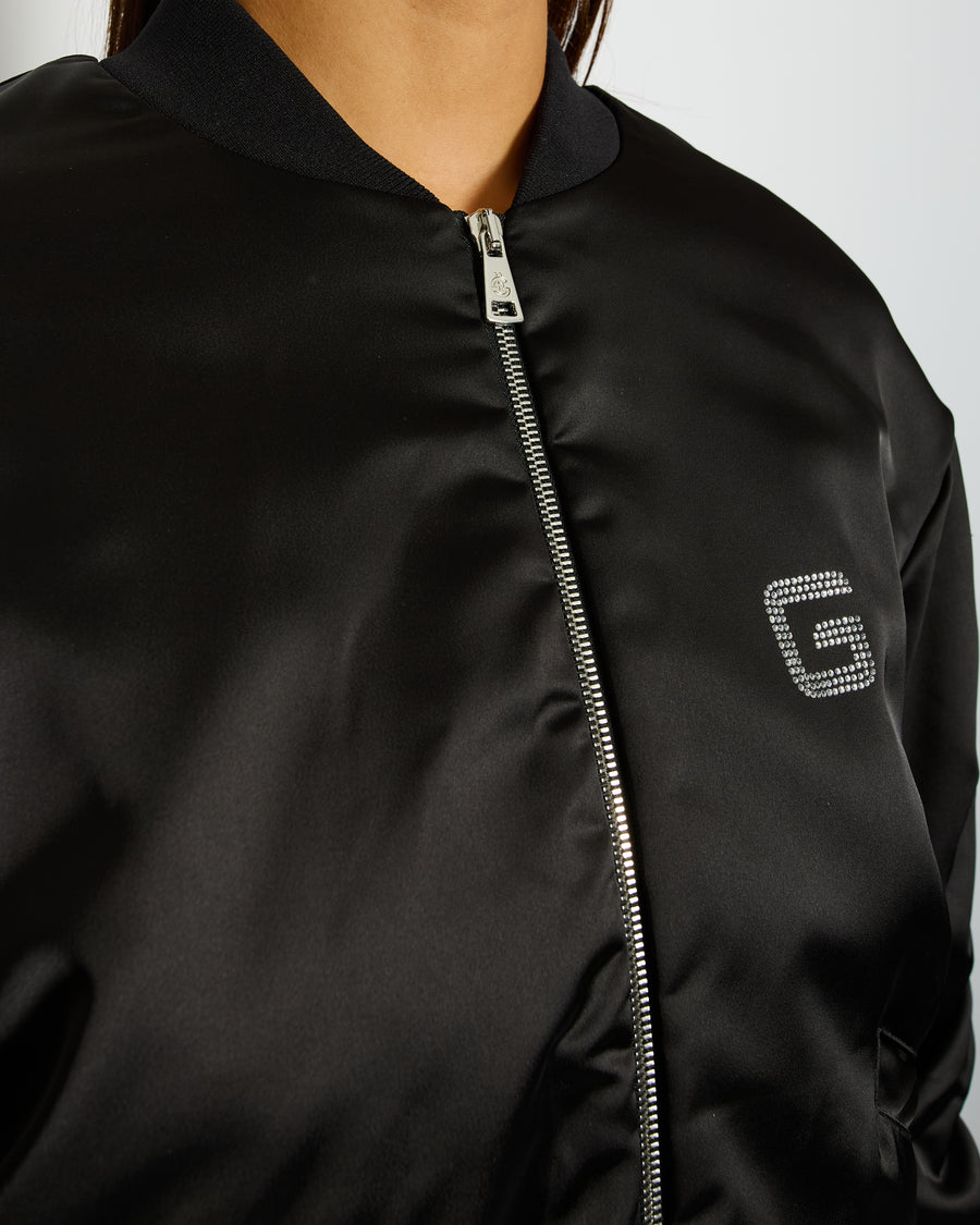 Gaëlle Paris Black Bomber Jacket with Raunched Sleeves and Crystal G Detail Size IT 42 (UK 10)