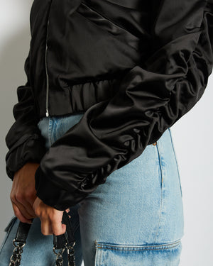Gaëlle Paris Black Bomber Jacket with Raunched Sleeves and Crystal G Detail Size IT 42 (UK 10)