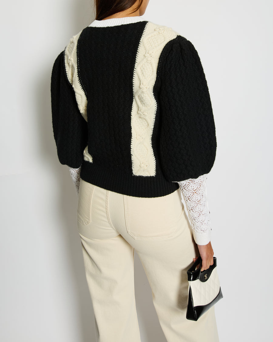 Chanel 21A Black & White Crewneck Knit Jumper with CC Logo and Crochet Sleeve Details Size FR 36 (UK 8)