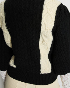 Chanel 21A Black & White Crewneck Knit Jumper with CC Logo and Crochet Sleeve Details Size FR 36 (UK 8)