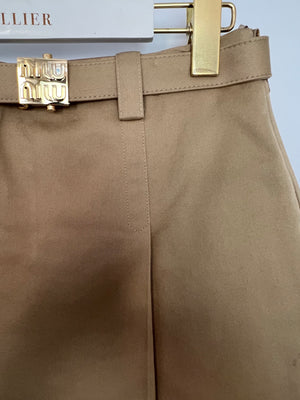 Miu Miu Beige Chino Pleated Skirt with Gold "MIU MIU" Buckle Detail Size IT 38 (UK 6) RRP - £1,240