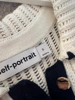 Self Portrait Cream Knit Top with Navy Trim Detail and Gold Buttons Size S (UK 8) RRP £285