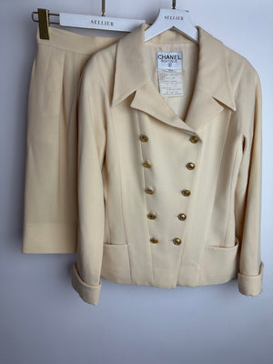 Chanel Vintage Cream Double Breasted Wool Blazer Jacket and Skirt Set with Gold CC Logo Button Detail FR 36 (UK 8)