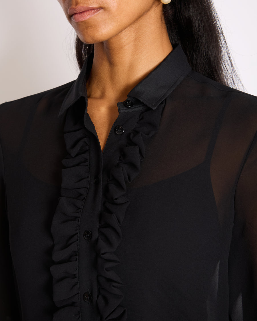 Saint Laurent Black Silk Long Sleeve Shirt with Ruffle Details Size FR 36 (UK 8)