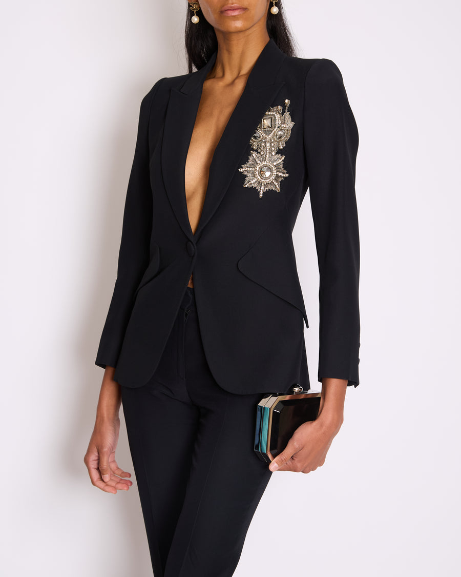 Alexander McQueen Black Tailored Blazer Jacket and Matching Trousers Set with Metallic Embroidery Detail Size IT 36 (UK 4)