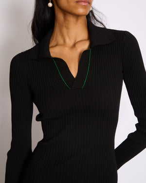Bottega Veneta Black Ribbed Long Sleeve Midi Dress with Green Stitch Detail and Collar Size XS (UK 6)