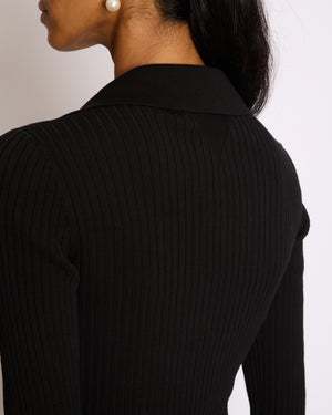 Bottega Veneta Black Ribbed Long Sleeve Midi Dress with Green Stitch Detail and Collar Size XS (UK 6)