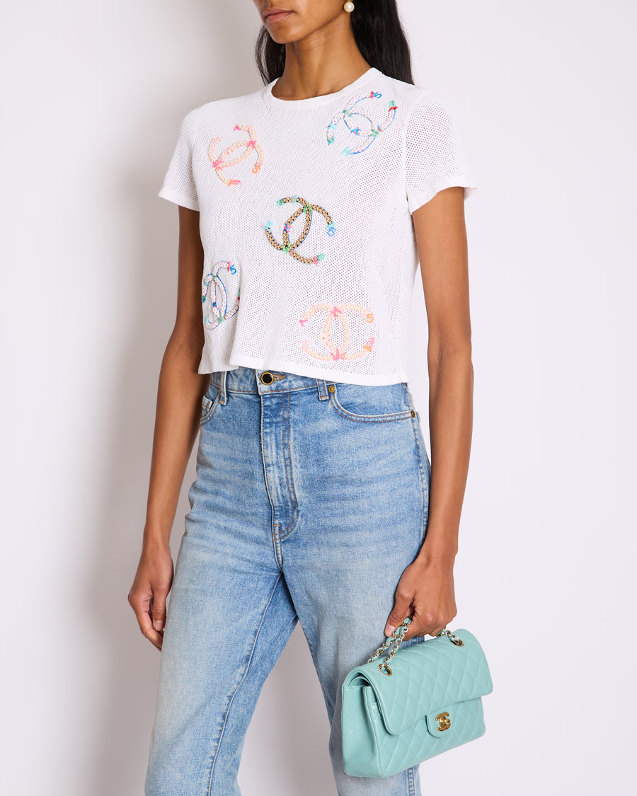Chanel SS/19 White Mesh CC Embroidered T-Shirt Size FR 38 (UK 10)