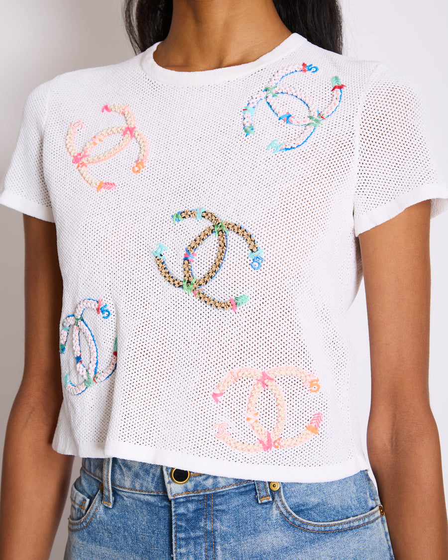 Chanel SS/19 White Mesh CC Embroidered T-Shirt Size FR 38 (UK 10)