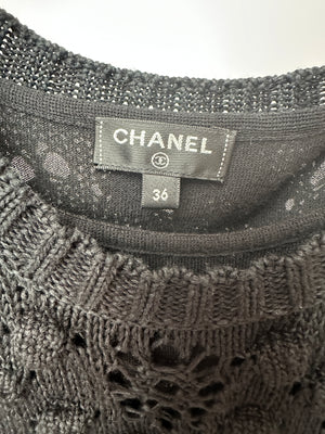Chanel 17/P Black Crochet Mini Sleeveless Dress with CC Logo Button and Pocket Detail Size FR 36 (UK 8) RRP £2,880