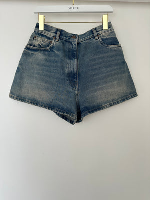 Prada Blue Denim Shorts with Logo Plaque Detail Size IT 40 (UK 8)