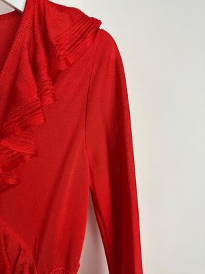 Roberto Cavalli Red Long Sleeve Ruched Midi Dress Size IT 38 (UK 6)