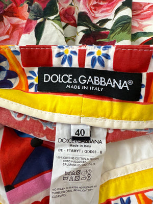 Dolce & Gabbana Red Rose Mambo Print Floral High-Waist Cotton Shorts Size IT 40 (UK 8)