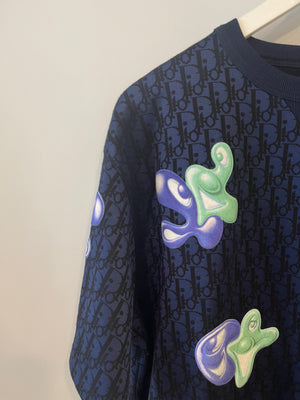Christian Dior x Kenny Scharf Blue Dior Oblique T-Shirt with Purple and Green Appliqués Size XL (UK 42) RRP £1,100