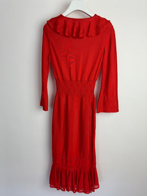 Roberto Cavalli Red Long Sleeve Ruched Midi Dress Size IT 38 (UK 6)