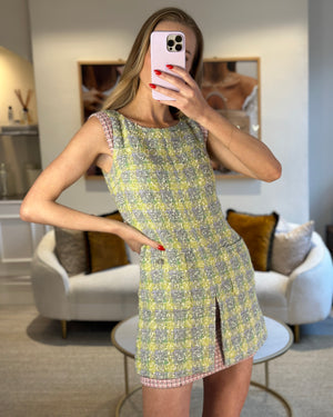 Chanel Yellow, Green Pink Boucle Tweed Shift Dress FR 36 (UK 8)