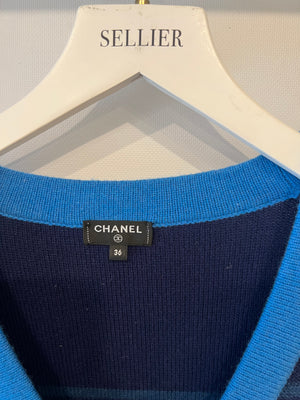 Chanel 20C Blue and Navy Cashmere Striped Long Cardigan with Multicolour Sequins Detail and Silver Camelia CC Buttons Size FR 36 (UK 8)