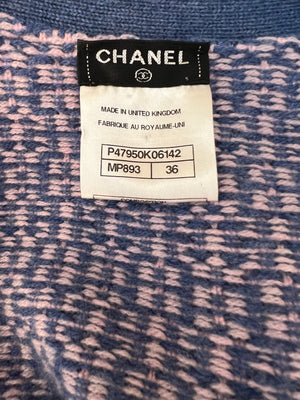 Chanel Blue and Pink Cashmere Knitted Cardigan with Braided Trim Detail Size FR 36 (UK 8)