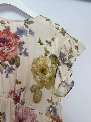 Zimmermann Beige Viscose Short-Sleeve Floral Midi Dress with Ruffle Details Size 0 (UK 8)