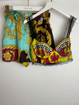 Versace Yellow, Black, Brown Medusa Pattern Bustier and Shorts Set with Lace & Gold Button Details Size IT 36/40 (UK 4/8)