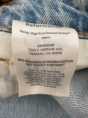 Reformation Light Blue Straight Fit Jeans with Distressed Pocket Detailing Size 24 (UK 6)