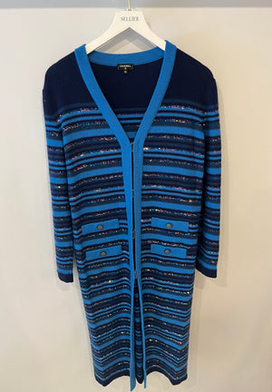 Chanel 20C Blue and Navy Cashmere Striped Long Cardigan with Multicolour Sequins Detail and Silver Camelia CC Buttons Size FR 36 (UK 8)