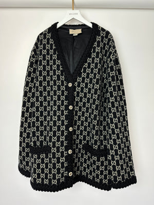 Gucci Black & White GG Supreme Wool Cardigan with Black Braided Trim & Cream Enamel Button Details Size XL (UK 16)