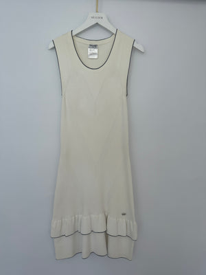 Chanel 08P Cream Sleeveless Knitted Short Dress with Silver CC Logo Button and Navy Hem Details Size FR 36 (UK 8)