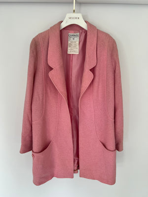 Chanel 94P Pink Longline Tweed Jacket with Gold CC Logo Button Details, Size FR 40 (UK 12)