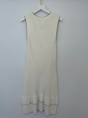Chanel 08P Cream Sleeveless Knitted Short Dress with Silver CC Logo Button and Navy Hem Details Size FR 36 (UK 8)