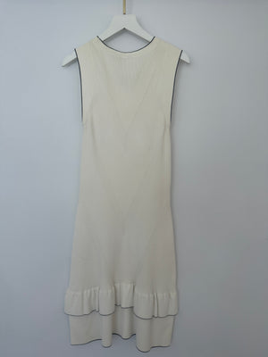 Chanel 08P Cream Sleeveless Knitted Short Dress with Silver CC Logo Button and Navy Hem Details Size FR 36 (UK 8)