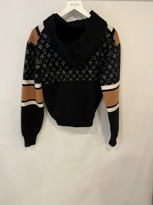 Louis Vuitton Black, Beige and White Cashmere Zipped Hoodie Monogram Jacket with Gold Details Size XS (UK 6)