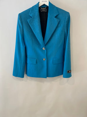 Versace Blue Blazer Jacket with Logo Prints and Silver Medusa Buttons Size IT 36 (UK 4)