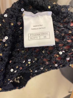 Chanel SS/23 Black Sequin Embellished Mini Dress with Bow and CC Crystal Buttons Details Size FR 36 (UK 8)