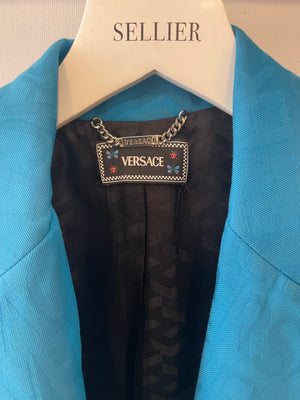 Versace Blue Blazer Jacket with Logo Prints and Silver Medusa Buttons Size IT 36 (UK 4)