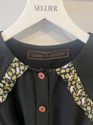 Ulyana Sergeenko Black Silk Belted Playsuit with Green Flower and Goat Print Trim Detail Size FR 36 (UK 8)
