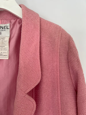 Chanel 94P Pink Longline Tweed Jacket with Gold CC Logo Button Details, Size FR 40 (UK 12)