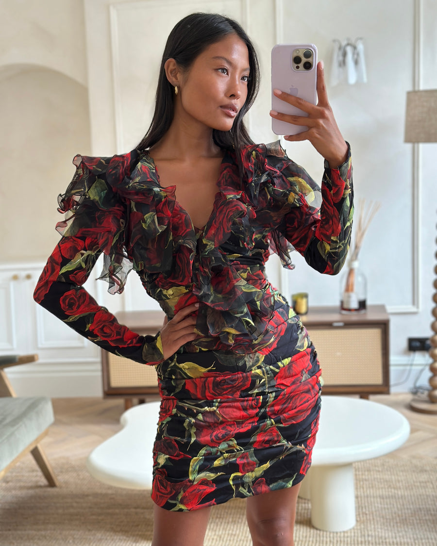 Dolce & Gabbana Black Red and Green Long Sleeve Rose Print Mini Dress with Mesh Ruffle Neckline Size IT 40 (UK 8)