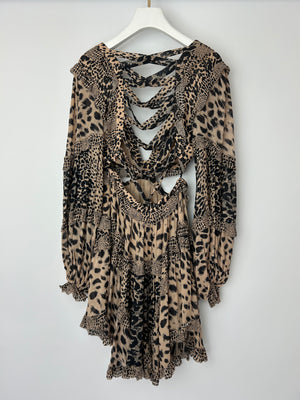 Zimmermann Brown Long Sleeve Leopard Print Cut-Out Ruched Midi Dress Size 0 (UK 8)