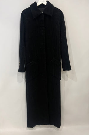 Chanel Black Shimmery Wool Long Coat with Gold CC Logo Buttons Size FR 34 (UK 6)