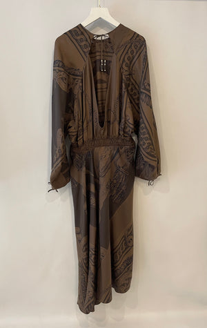 Hermès Brown Silk Printed Bride de Cour Midi Dress Size FR 38 (UK 10) RRP £3,180