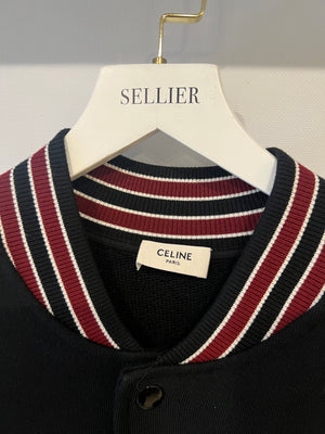 Celine Black College Jacket with Burgundy Striped Collar and Celine Paris Embroidery Detail Size S (UK 8)