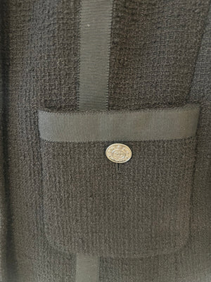 Chanel Black Vintage Tweed Jacket with Ribbed Fabric Trim Details and Silver CC Logo Star Buttons Size FR 38 (UK 10)