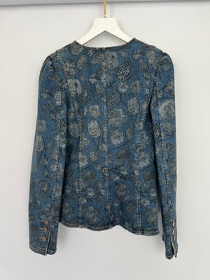 Chanel 21/A Flower Printed Denim Jacket with Silver CC Button Details Size FR 38 (UK 10)