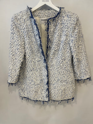 Chanel SS18 White and Blue Fantasy Tweed Jacket with Silver CC Logo Button Detail Size FR 38 (UK 10) RRP £5,100