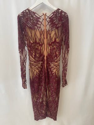 Zuhair Murad Burgundy Sequin Embellished Long-sleeve Midi Dress Size FR 34 (UK 6)